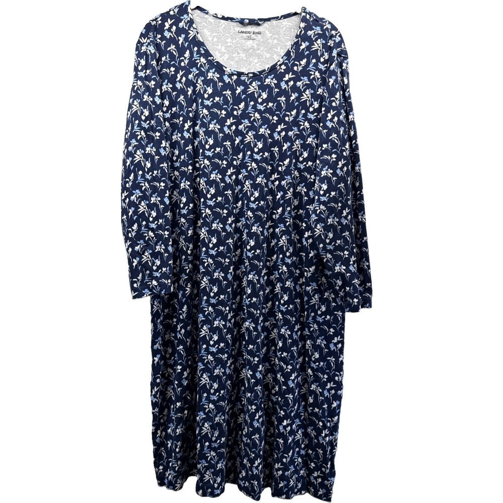 Lands End Women's Dress Size Large Petite PL Blue Floral 3/4 Sleeves Pullover